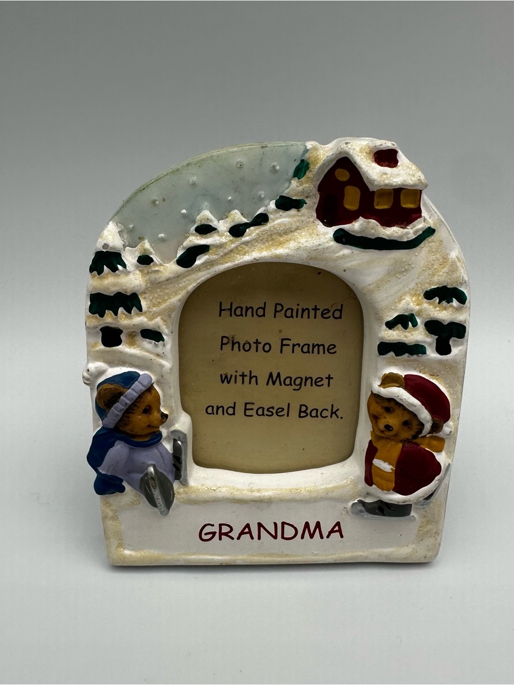 Hand-Painted Grandma Winter Bear Photo Frame - White